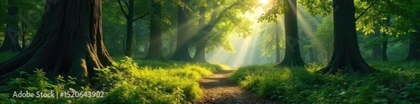 Obraz Sun-dappled forest floor, lush green undergrowth, ancient trees reaching for the sky, serene wilderness scene Perfect for nature, travel, and environmental themes , scenery, nature