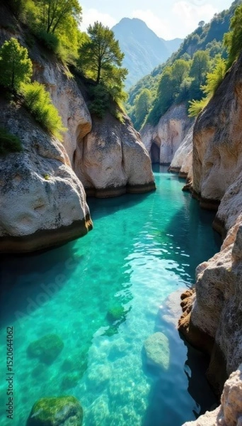 Obraz Sun-drenched secluded cove, turquoise water laps gently against smooth rocks, idyllic summer scene Perfect for travel, vacation, and summer themes , getaway, seaside