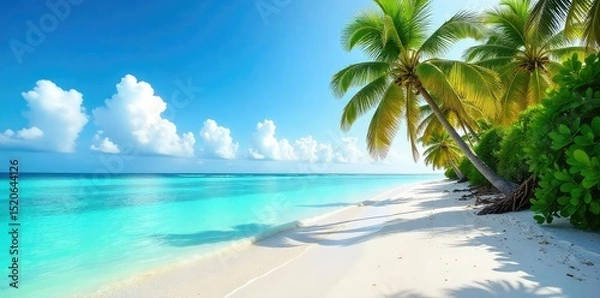 Obraz Sun-drenched white sand beach in the Maldives, turquoise water laps gently at the shore, palm trees sway in the breeze, creating a tropical paradise scene , breathtaking, holiday