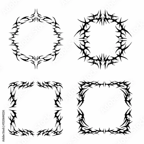 Fototapeta set of neo tribal vector frames, symmetrical abstract shapes gothic streetwear, poster, sticker, metal album cover print dark  element isolated on white background 