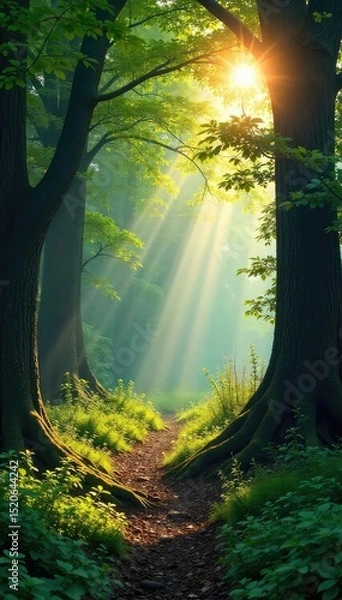 Obraz Sunlight dapples through ancient trees in a lush, vibrant forest Discover the serene beauty of untouched nature, a tranquil escape into the wilderness , autumn, trees