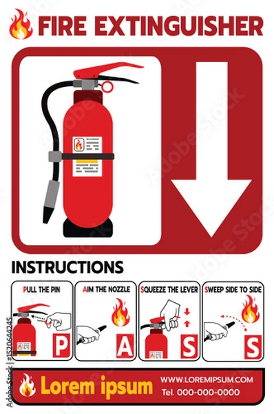 Fototapeta Vector-style fire extinguisher guide featuring four steps: pull the pin, aim the nozzle, squeeze the lever, and sweep side to side. Includes fire icon graphics and placeholder contact information