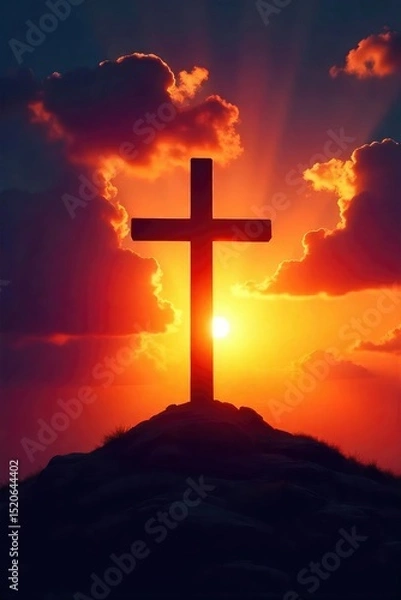 Obraz Symbolic representation of Christian salvation; a cross silhouetted against a radiant sunrise, conveying hope and redemption , dove, faith, blessing