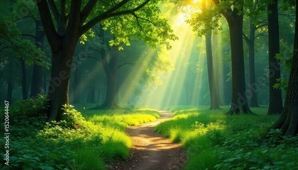 Obraz Sunlight dapples through the canopy of a lush park forest, illuminating the vibrant green undergrowth and winding paths A tranquil scene perfect for relaxation and escape , shadow, spring, landscape