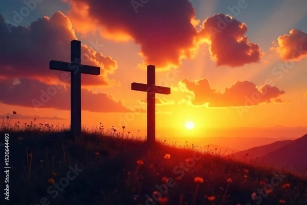 Obraz Three wooden crosses stand silhouetted against a vibrant sunset, casting long shadows across a grassy field A peaceful and evocative image perfect for religious or contemplative themes , sky, orange