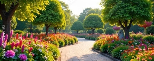 Obraz Vibrant floral displays and whimsical sculptures adorn a beautifully landscaped park, creating a festive and enchanting atmosphere perfect for relaxation and recreation , colorful, plants