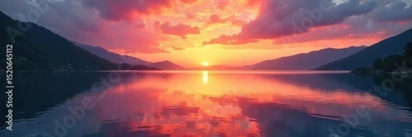 Obraz Vibrant sunrise over a tranquil lake, reflecting the peaceful colors of wellbeing and serenity Perfect for wellness, mindfulness, and healthy lifestyle concepts , inner peace, sky
