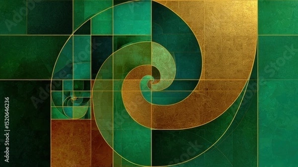 Fototapeta Abstract spiral art in gold and green tones, geometric progression in nature, visual representation of mathematical harmony.