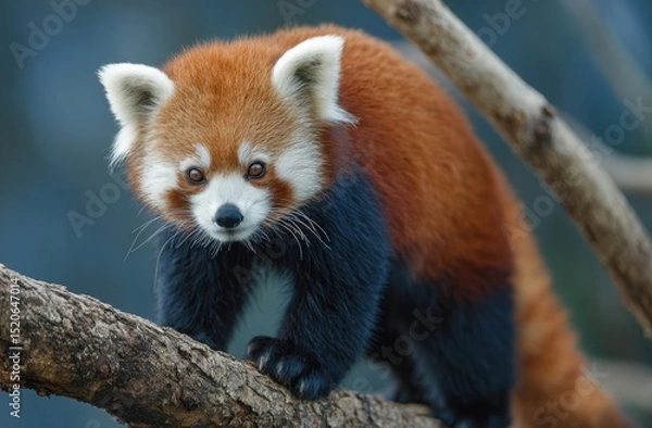Fototapeta Red panda climbing tree branch portrait