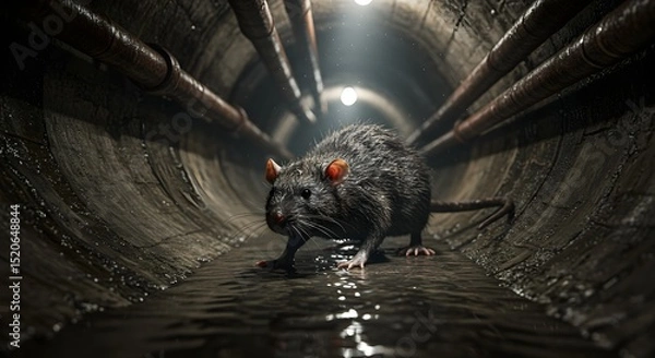 Obraz Dark Rat Walking Through Flooded Tunnel with Pipes Overhead