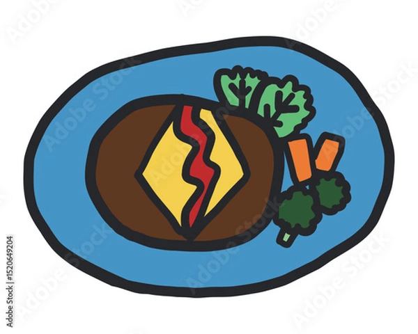 Obraz ハンバーグのラフな線あり手描きイラスト。ブロッコリーとにんじんとレタス