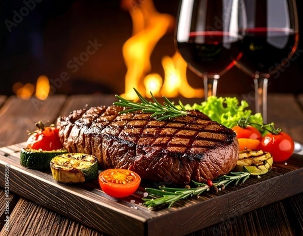 Fototapeta Grilled steak with vegetables and wine (1)