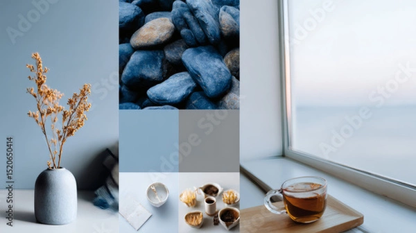 Fototapeta Minimalist mood board with blue tones, pebbles, dried flowers in a vase, snacks, and a cup of tea by a seaside window.