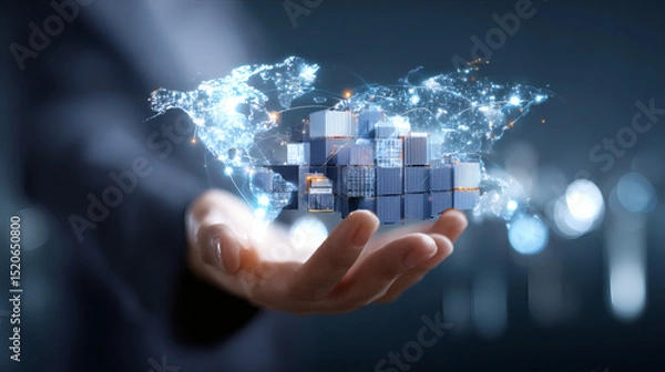 Fototapeta A digital world map with shipping containers hovers above an outstretched hand, symbolizing global trade and logistics.