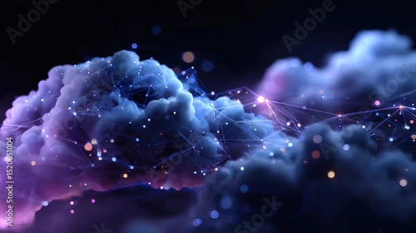 Fototapeta Futuristic digital clouds with glowing network connections and data points in a dark, cosmic atmosphere.