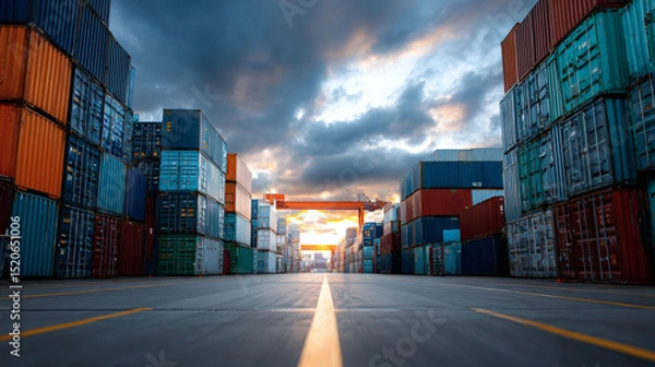 Fototapeta Rows of colorful shipping containers stacked at an industrial port under a dramatic, cloudy sky at sunset.