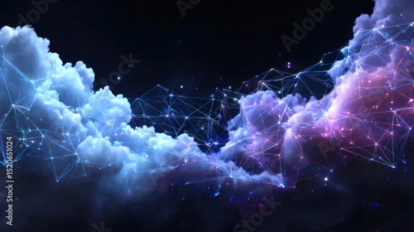 Obraz Digital network connections overlay colorful clouds, symbolizing cloud computing, data flow, and futuristic technology.