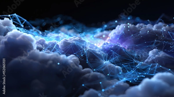 Obraz Futuristic digital network lines glowing above dark clouds, symbolizing cloud computing and advanced technology.
