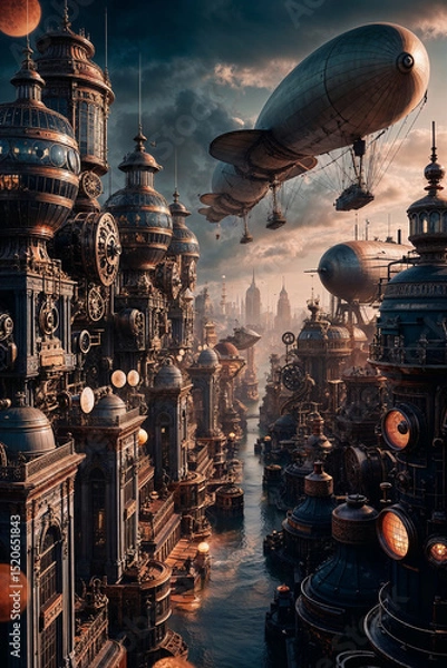 Fototapeta A steampunk retro futuristic cityscape featuring airships in the sky, clock towers, and industrial creative design elements