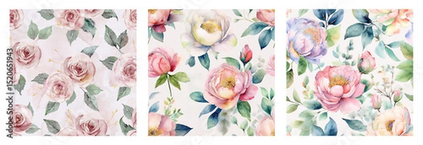 Fototapeta A set of seamless abstract watercolor floral patterns with roses. Watercolour painting backgrounds.