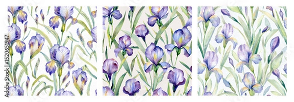 Fototapeta A set of seamless abstract watercolor floral patterns with irises.