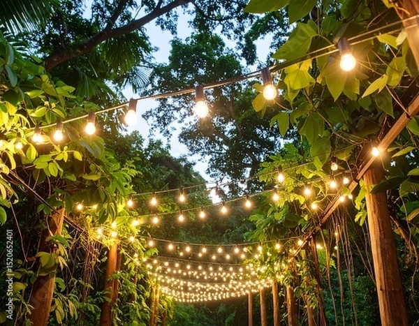 Fototapeta Pathway lit by string lights through a lush garden