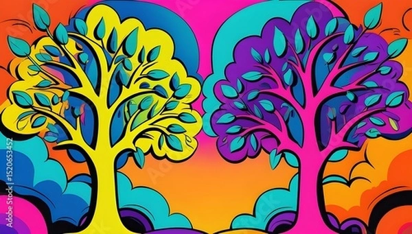 Fototapeta Vibrant trees stand against a bold and colorful backdrop featuring hues of yellow, blue, pink, and orange. The stylized design captures attention with its striking and vivid visual impact.