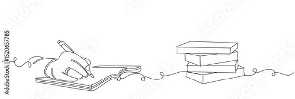 Fototapeta Continuous single line drawing of handwriting on open notebook for writing business draft. Write business diary concept. Trendy single line drawing vector graphic design