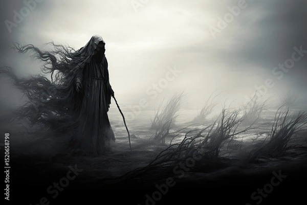Fototapeta Ethereal cloaked figure walking through a mysterious misty and eerie landscape