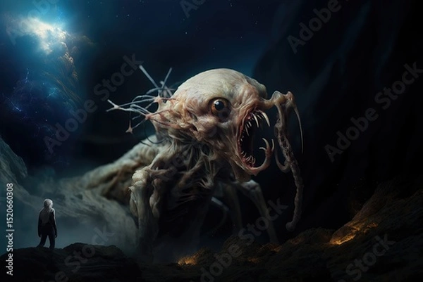 Fototapeta A lone figure confronts a massive alien in a cosmic landscape