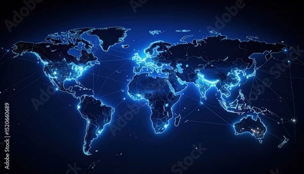 Fototapeta Global Network Connection: Illuminated World Map with Digital Connectivity