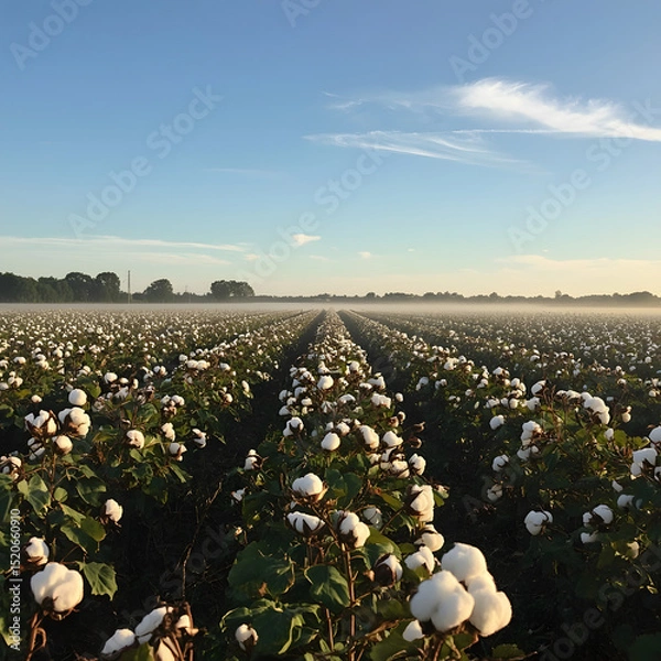 Fototapeta Cotton Field in Sunrise: A cotton field at sunrise, revealing rows of cotton plants and capturing the beginning of a new day in agriculture and textile industry.
