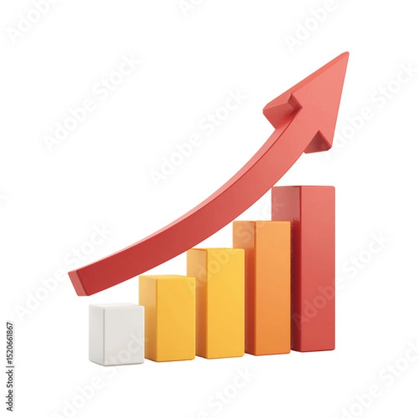Fototapeta A bar graph with ascending columns and a red arrow pointing upwards on a white background scene render