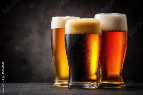 Fototapeta Three glasses of different beers with foam on a dark textured background