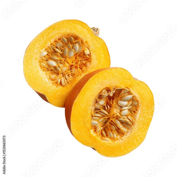 Fototapeta Two halves of a pumpkin showing the seeds on a white background in a studio shot close up view