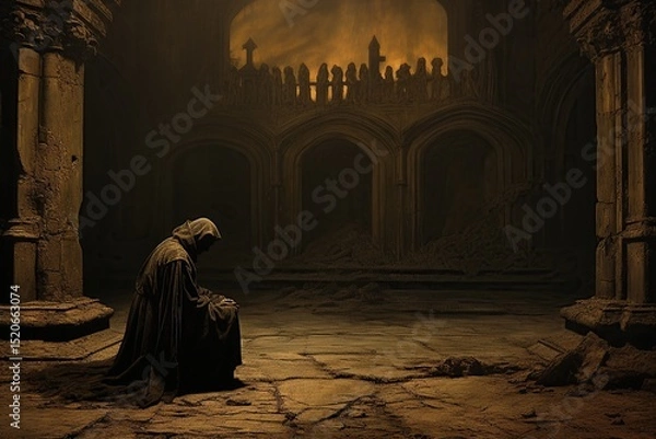 Fototapeta Hooded figure meditating in a dimly lit ancient cathedral ruins