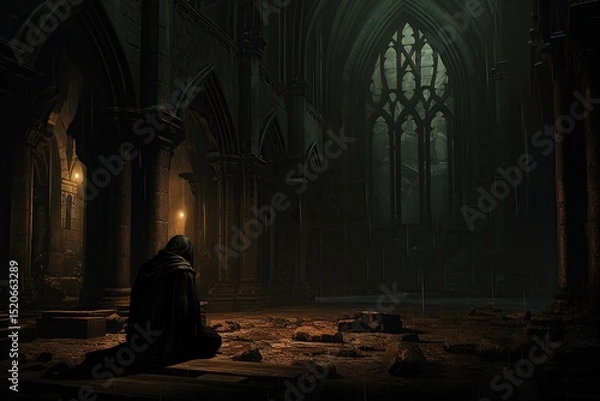 Fototapeta Monk praying in a dimly lit ancient gothic cathedral at night
