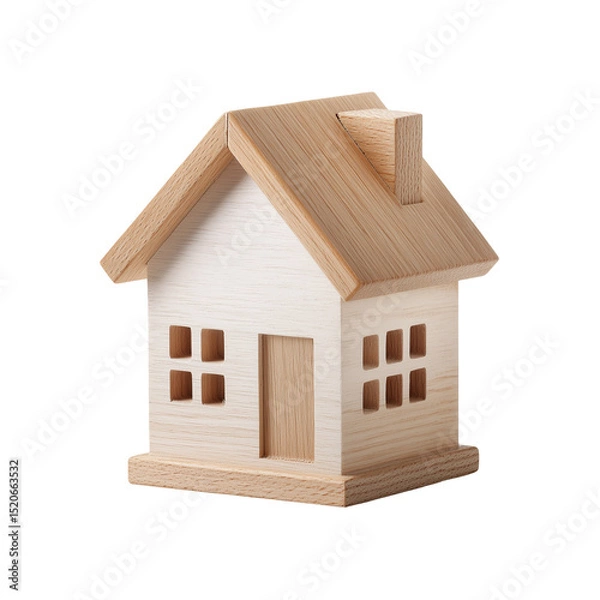 Fototapeta A small wooden house model with a gable roof and chimney isolated on a white background in studio shot