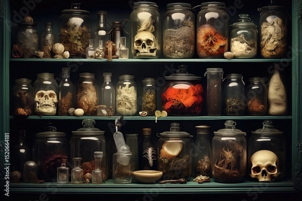 Fototapeta Curiosity cabinet filled with jars of oddities and mysterious artifacts