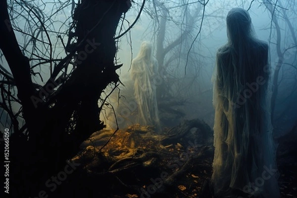 Fototapeta Ethereal figures in a misty forest create an eerie and spectral ambiance