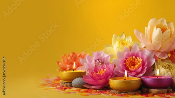 Obraz Siddhartha Festival, Close-up of Siddhartha Festival offerings, lotus flowers, incense, and candles arranged beautifully, golden yellow to pink gradient background, Ai generated images