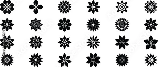 Obraz Black flower vector collection, floral icon silhouettes, geometric petal patterns, decorative ornament shapes
