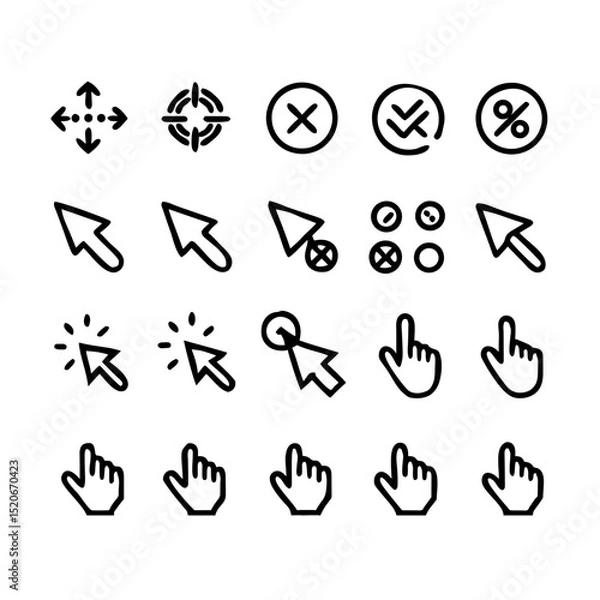 Fototapeta A collection of vector web icons and symbols for business, internet, and communication interface design including arrows, buttons, mail, hand pointers, and computer elements