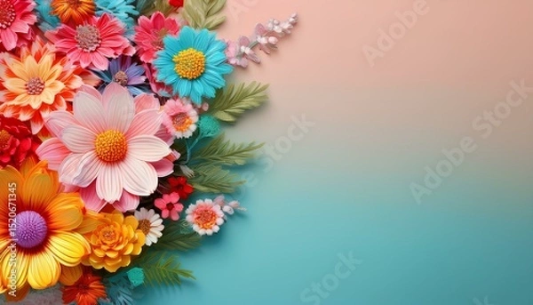 Fototapeta bouquet of flowers on pastel background with copy space