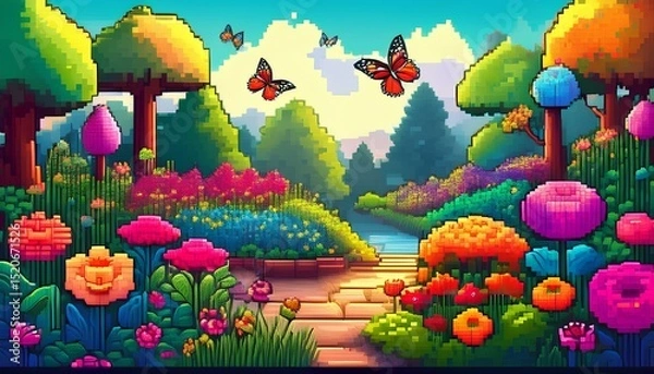 Fototapeta pixel art illustration of colorful garden with flowers and butterflies