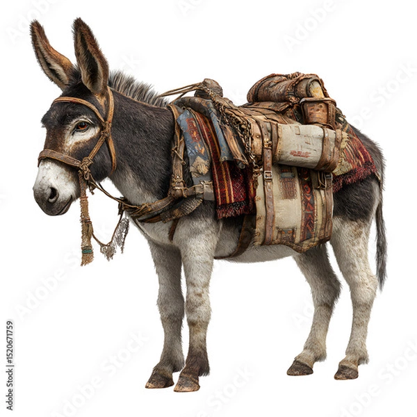 Fototapeta A donkey standing with a saddle and bags on its back against a black background in a studio shot