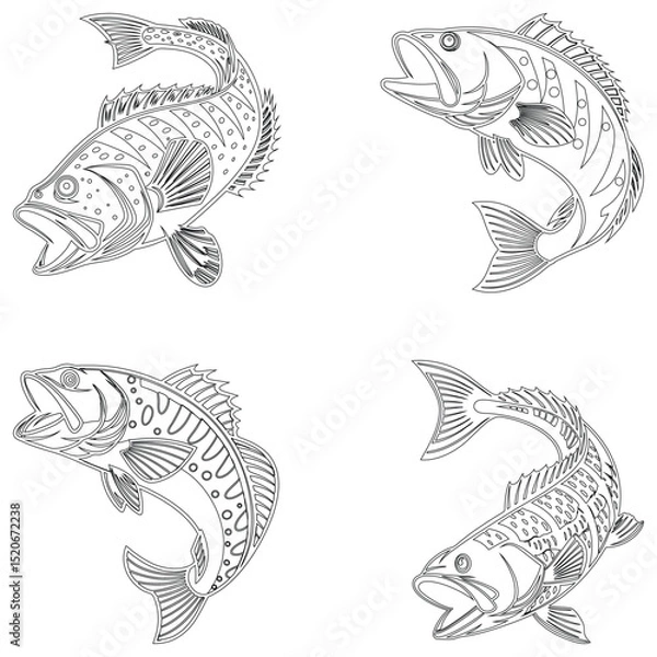 Fototapeta Ruffe fish set line art and isolated on white background illustrator eps  10