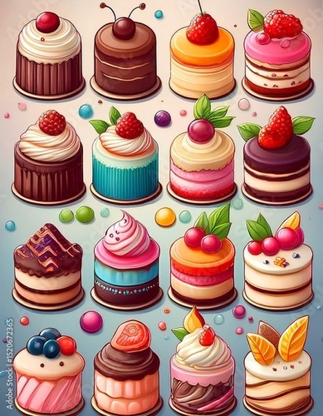 Fototapeta set cartoon illustration of tart cakes on white background