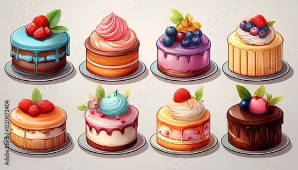 Fototapeta set cartoon illustration of tart cakes on white background