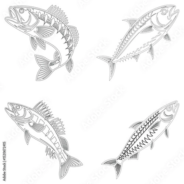 Fototapeta Sea fish set line art and isolated on white background illustrator eps  10